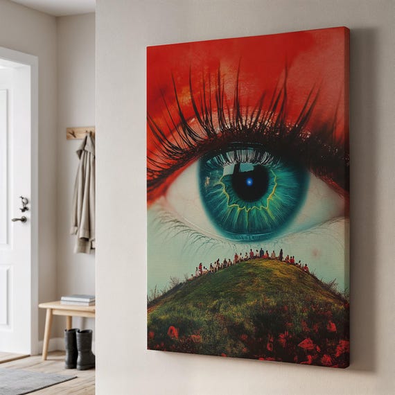 Surreal Eye Canvas Wall Art Giant Blue Over Hill With Red Sky Dreamlike Pop Surrealism Print Framed Bold Artwork For Visionary Decor