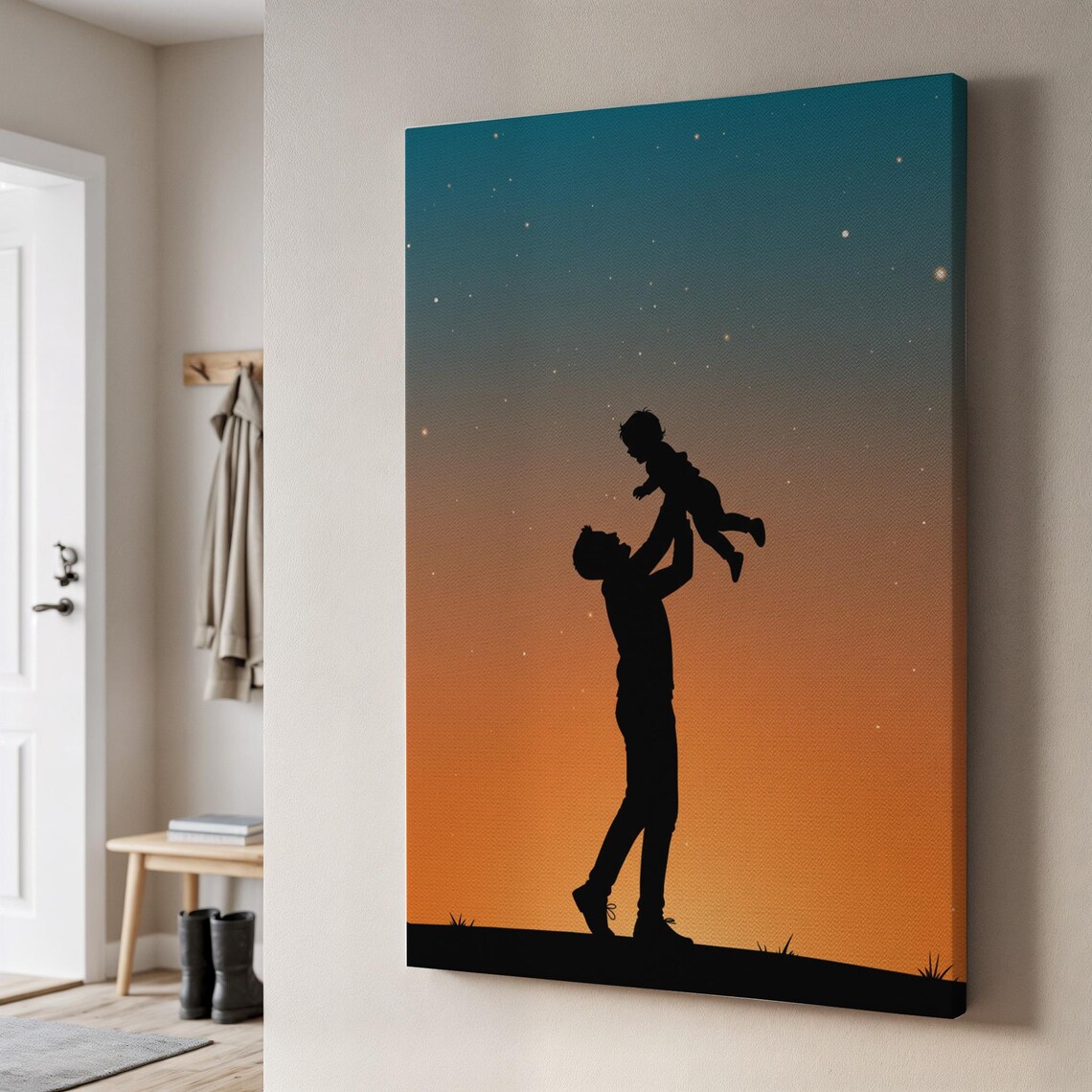Father Child Silhouette Canvas Starry Sunset Sky Dad Lifting Kid Wall Poster