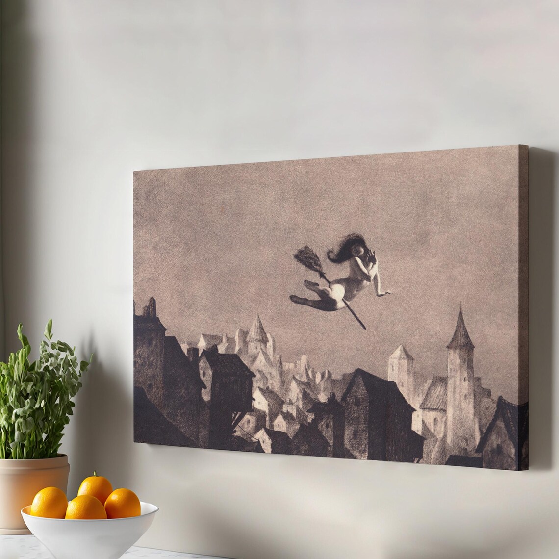 Witch Flying Over Old Town on Broom Vintage Sepia Painting Poster