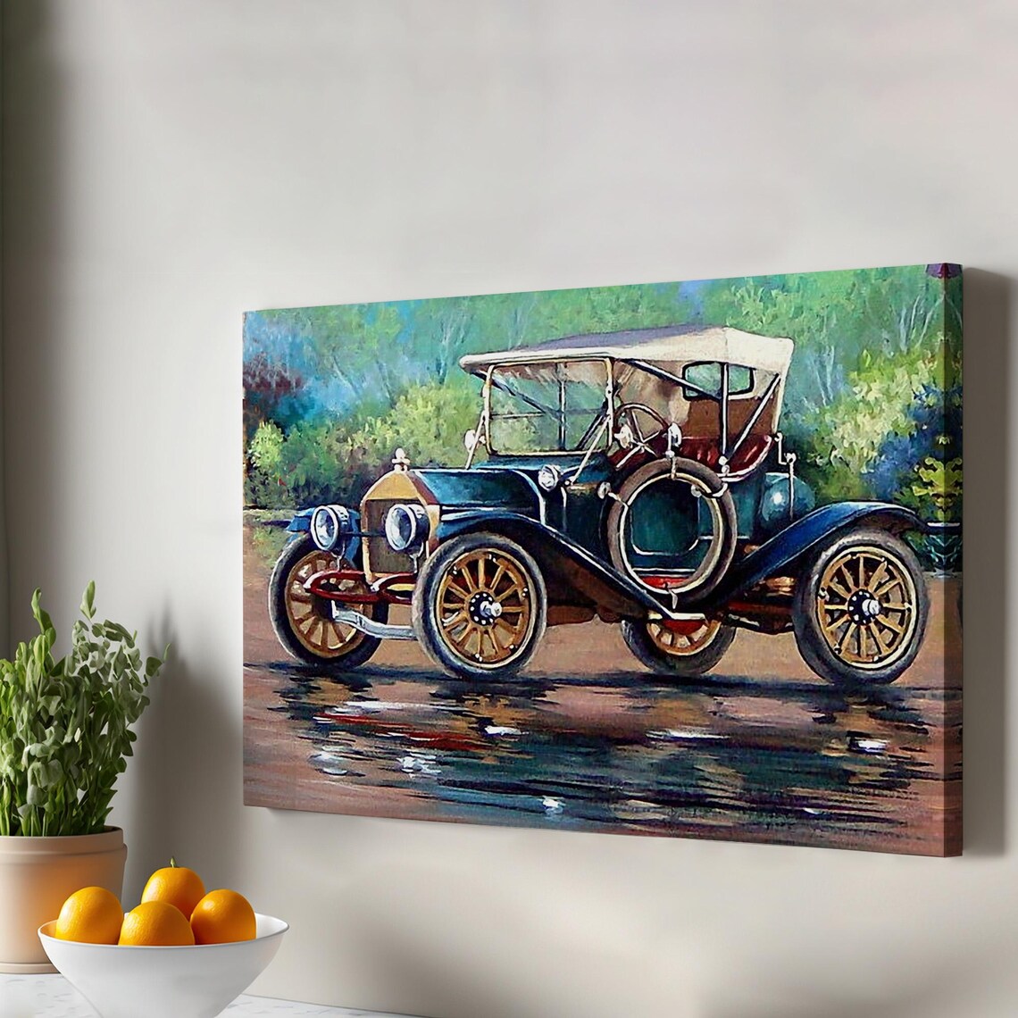 Vintage Open Top Touring Car Blue Antique Oil Painting Poster