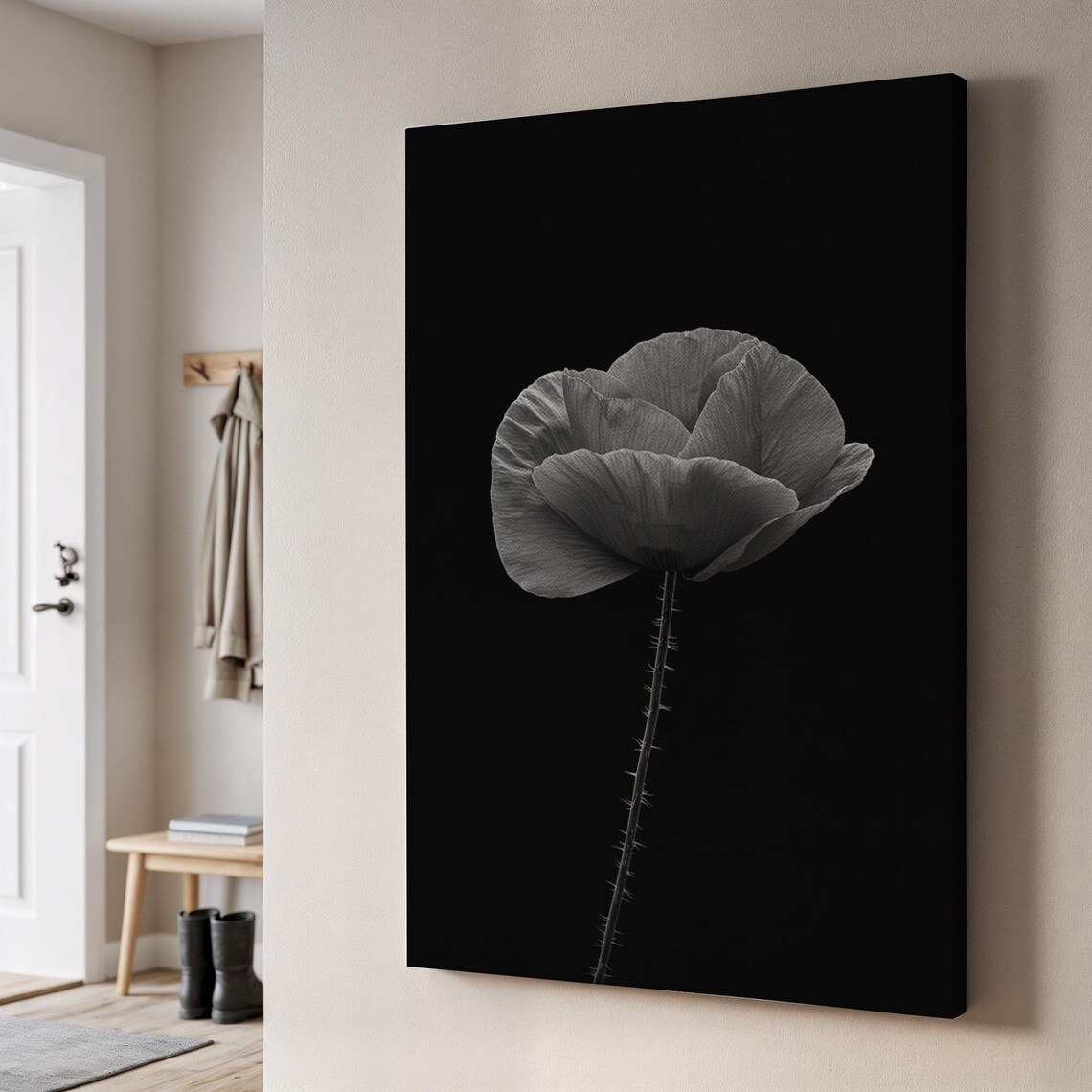 Black Background Flower Canvas Art Minimalist Line Botanical Print Elegant Dark Wall Decor Modern Monochrome Gift For Stylish Homes