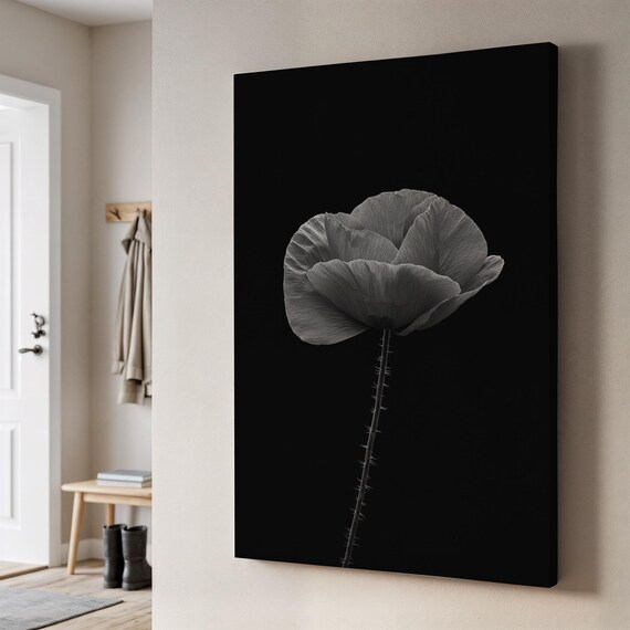 Black Background Flower Canvas Art Minimalist Line Botanical Print Elegant Dark Wall Decor Modern Monochrome Gift For Stylish Homes