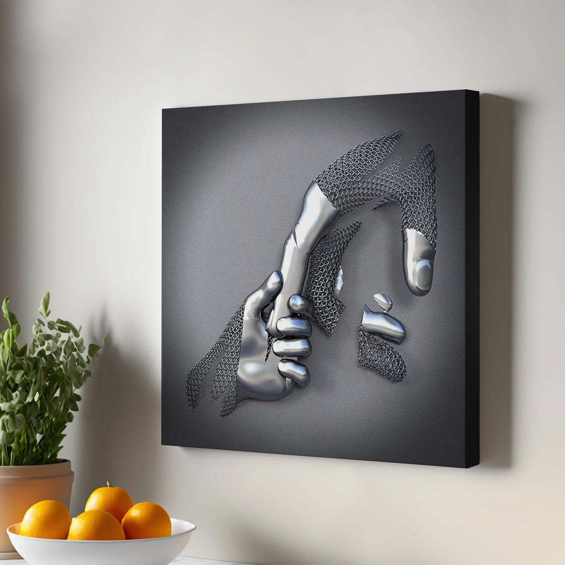 Metallic Silver 3D Hands Chainmail Modern Sculptural Canvas Wall Print