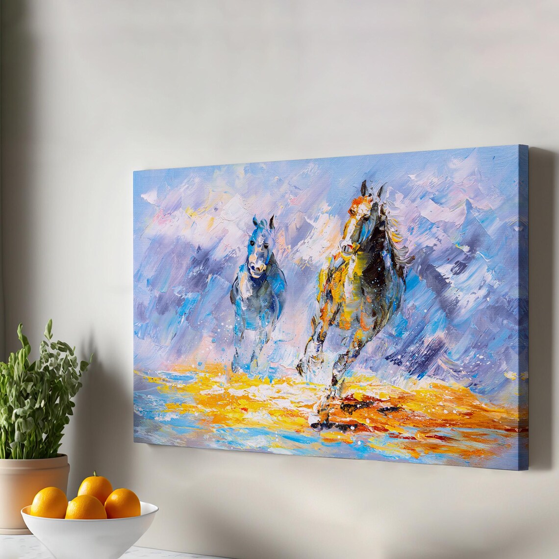 Two Wild Horses Running Painting Splashing Water Dynamic Blue Orange Impasto Wall Art