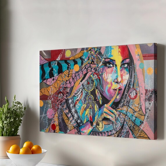 Colorful Pop Art Woman Shush Portrait Canvas Poster Design Artwork