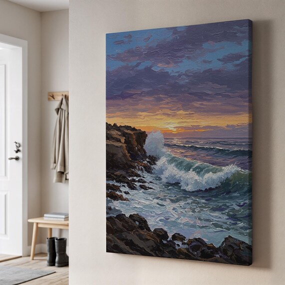 Sunset Ocean Waves Canvas Dramatic Seascape Rocky Cliff Wall Art
