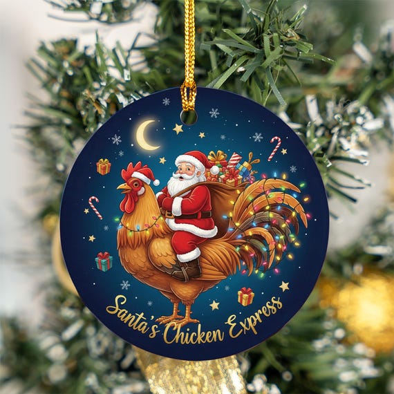 Santa Riding Chicken Ornament Funny Farm Animal Christmas Tree Decoration Holiday Rooster Keepsake