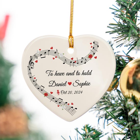 Heart Ornament Personalized Ceramic Keepsake With Musical Notes Names And Wedding Date Design