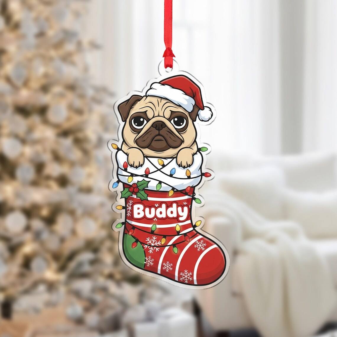 Personalized Pug in Christmas Stocking with Name Cute Dog Ornament Holiday Print