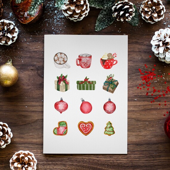 Watercolor Christmas Treats Gifts Ornaments Cookies Grid Art Poster
