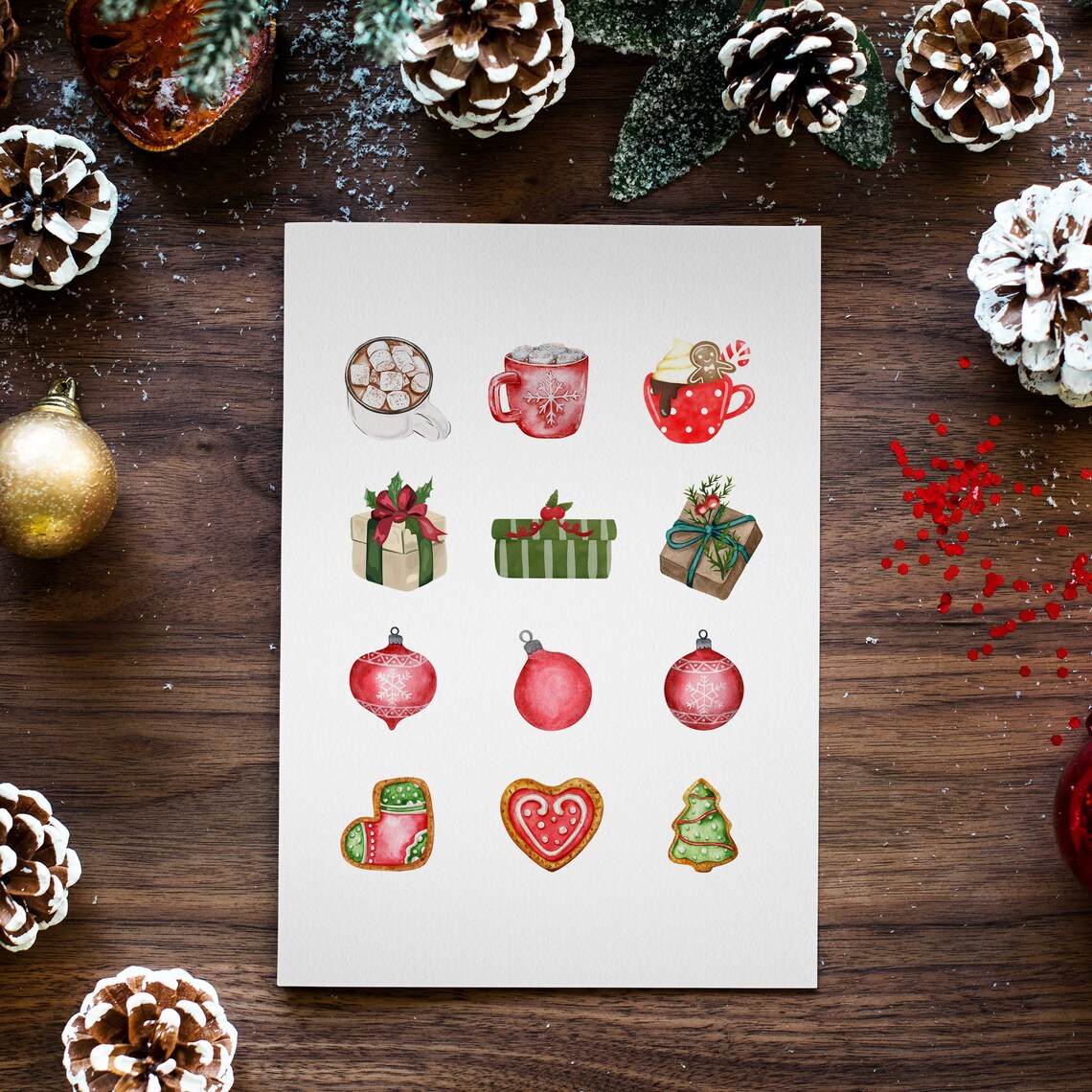 Watercolor Christmas Treats Gifts Ornaments Cookies Grid Art Poster