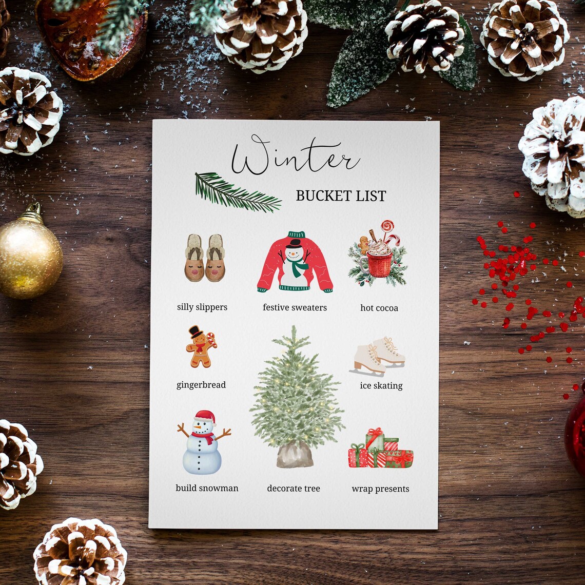 Winter Bucket List Cozy Watercolor Illustrations Christmas Poster