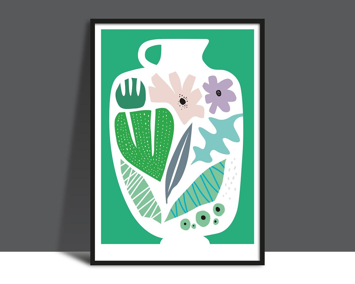 Minimalist White Vase With Flowers On Green Background Art Poster