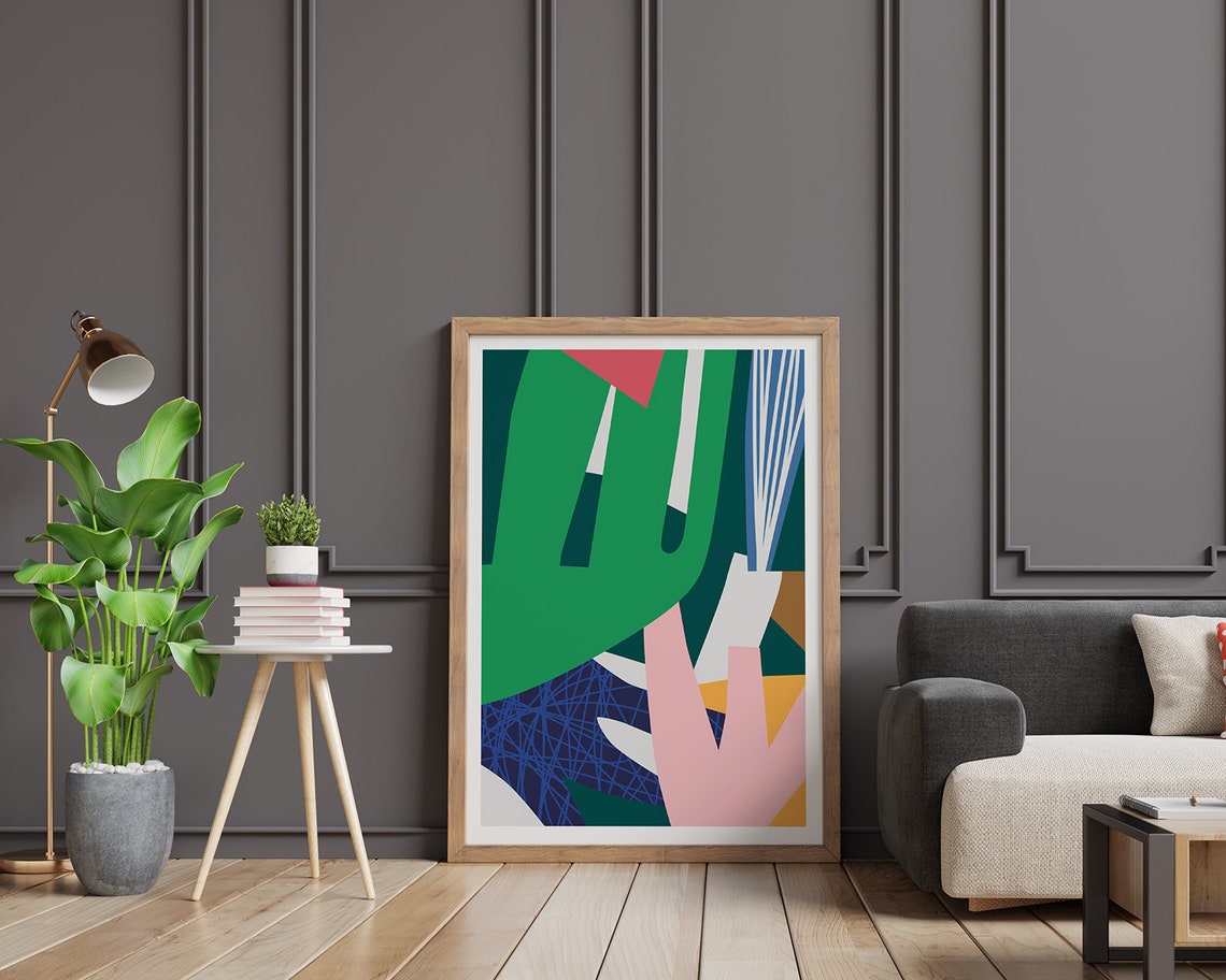 Green Pink Blue Abstract Floral Leaves Collage Hand Drawn Print - Image 2