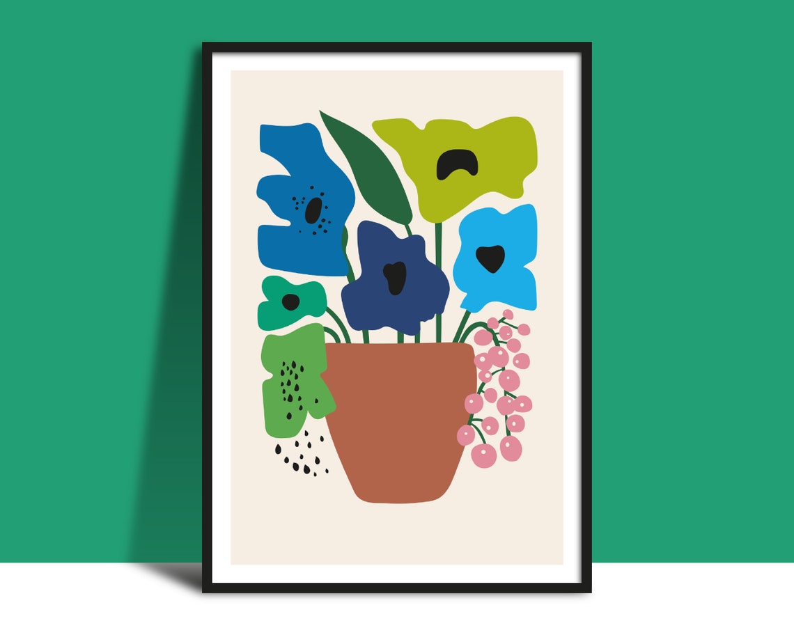 Blue and Green Flowers in a Rustic Terracotta Vase Still Life Poster
