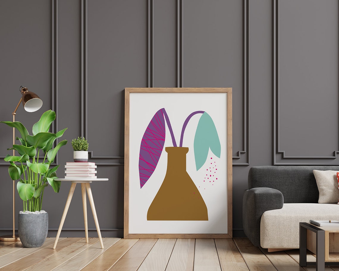 Minimalist Tan Vase with Drooping Purple and Teal Leaves Poster - Image 2