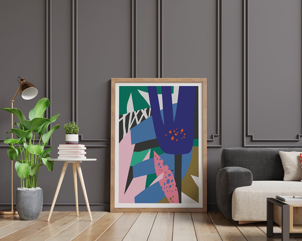 Navy Blue Flower With Pink And Blue Geometric Leaves Art Poster - Image 2