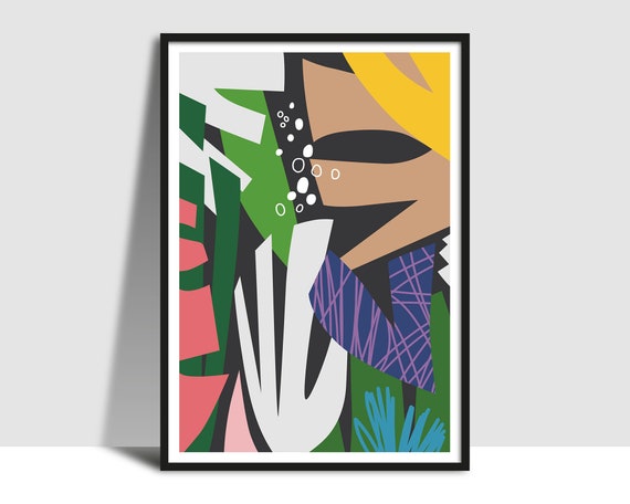 Printable Collage Big Leaves Wall Art Modern Botanical Illustration Poster Bright Bold Golden Brown Yellow Green Pink Purple Print