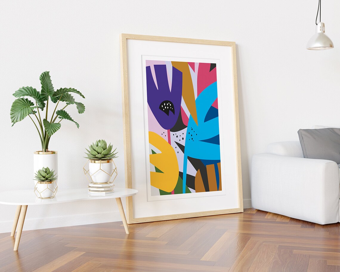 Purple and Blue Abstract Blooms with Yellow Accents Art Poster - Image 3