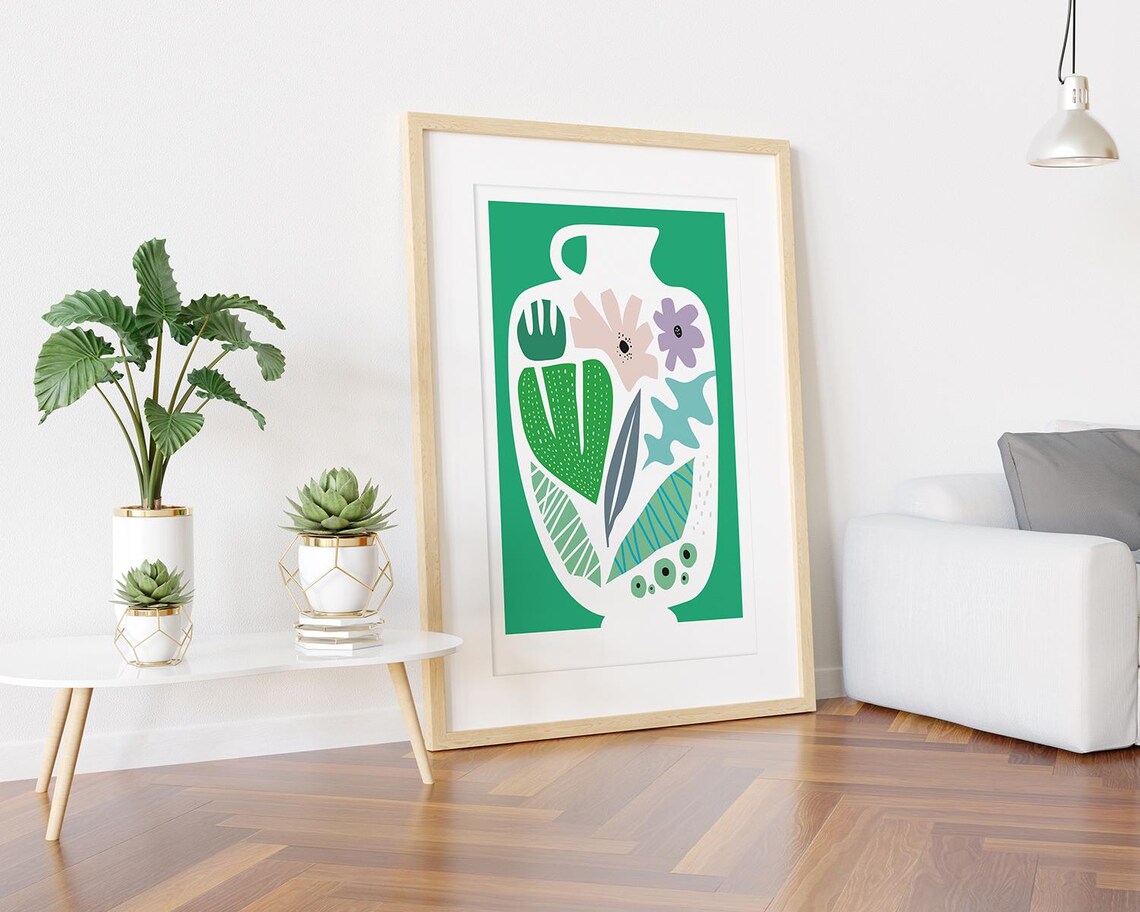 Minimalist White Vase With Flowers On Green Background Art Poster - Image 3