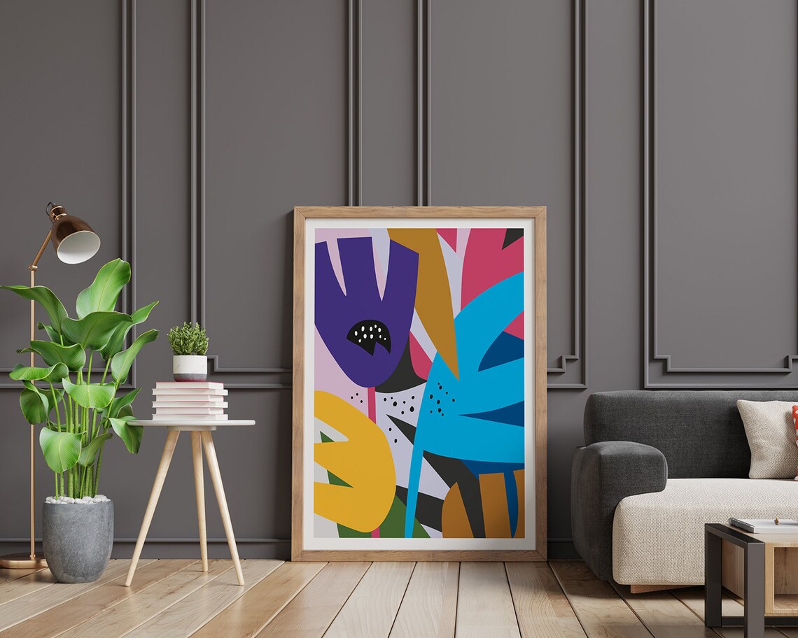 Purple and Blue Abstract Blooms with Yellow Accents Art Poster - Image 2