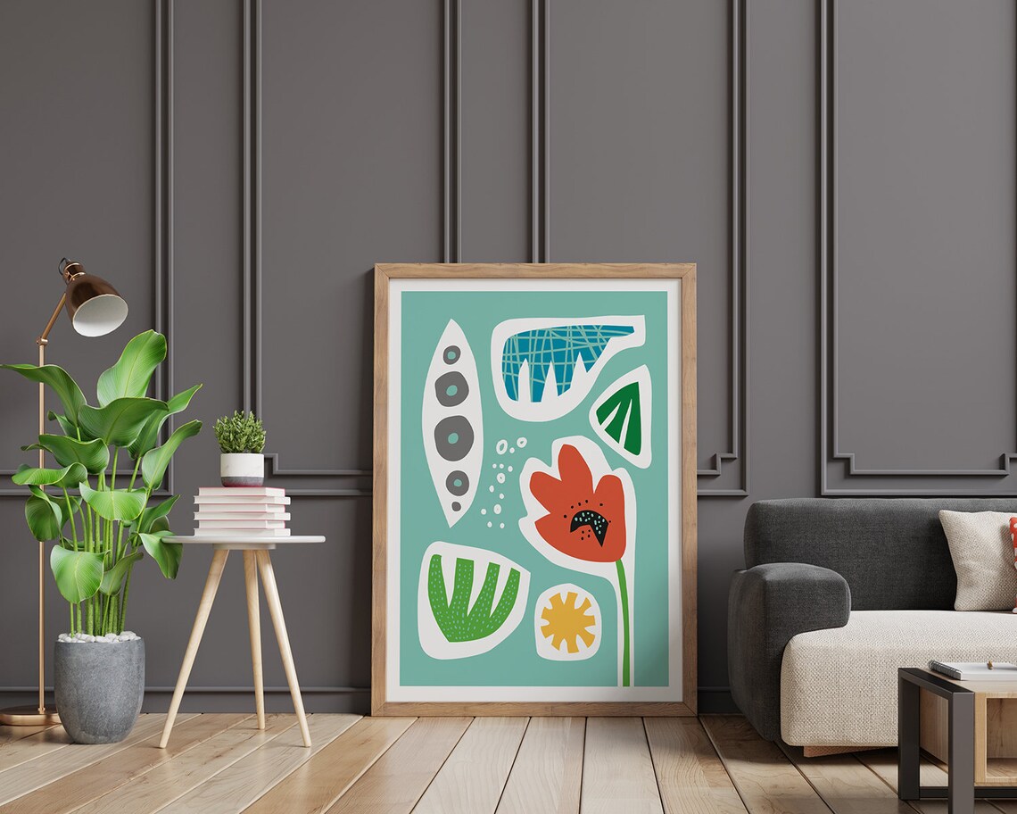 Coral Poppy And Seed Pods Papercut Collage On Mint Art Poster - Image 2