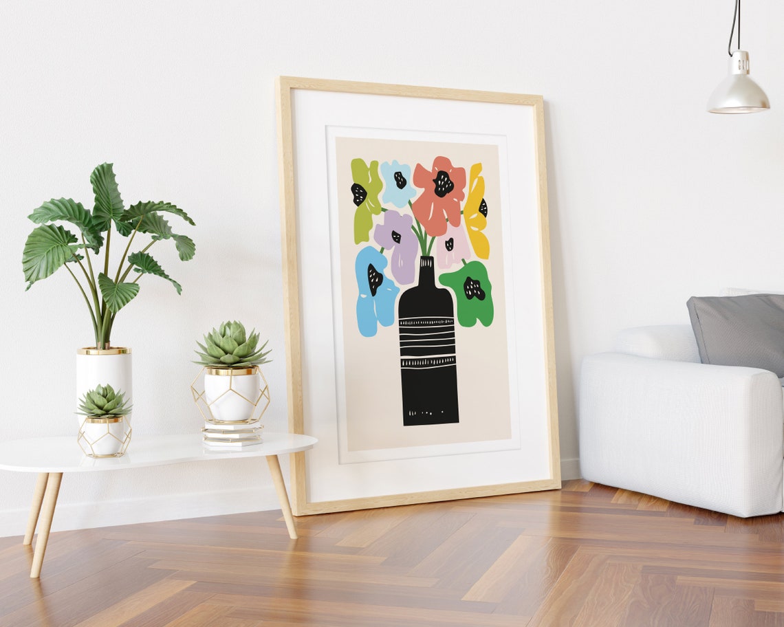 Bold Multicolour Flowers in a Black Bottle Vase Still Life Art Poster - Image 3