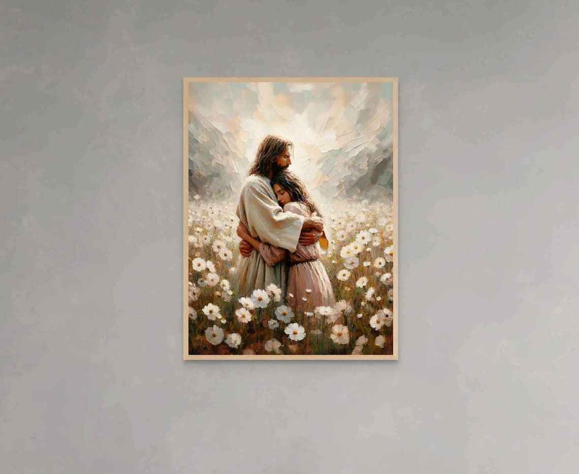 Jesus Hugging Girl in Daisy Field Soft Pastel Christian Poster