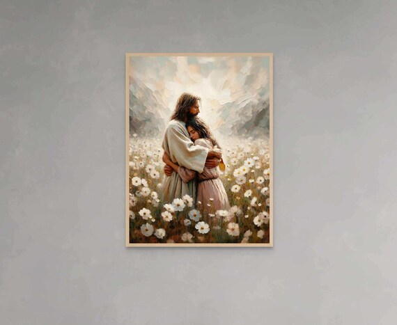Jesus Hugging Girl in Daisy Field Soft Pastel Christian Poster