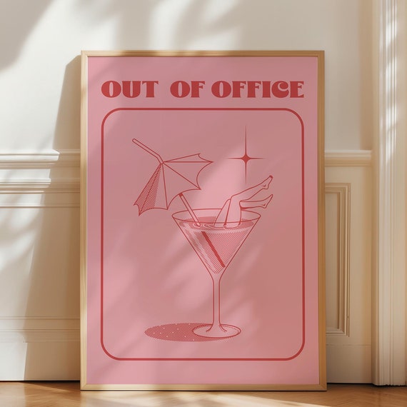 Out Of Office Print Trendy Retro Wall Art Vintage Summer Poster Pink Cocktails Print Cute Girly Print Funny Wall Art