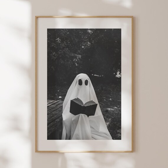 Ghost Reading Book Spooky Black and White Photo Halloween Decor Poster