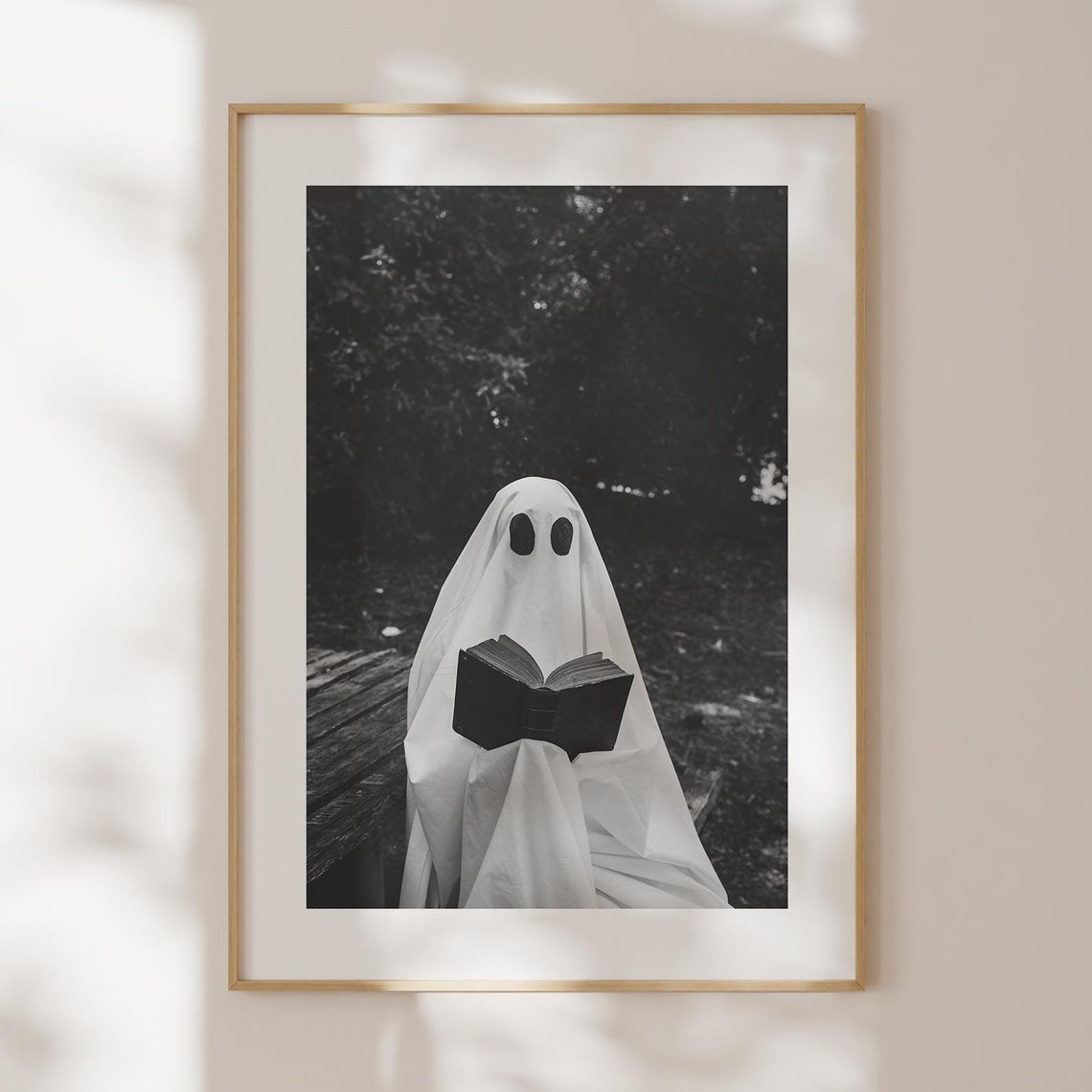 Ghost Reading Book Spooky Black and White Photo Halloween Decor Poster