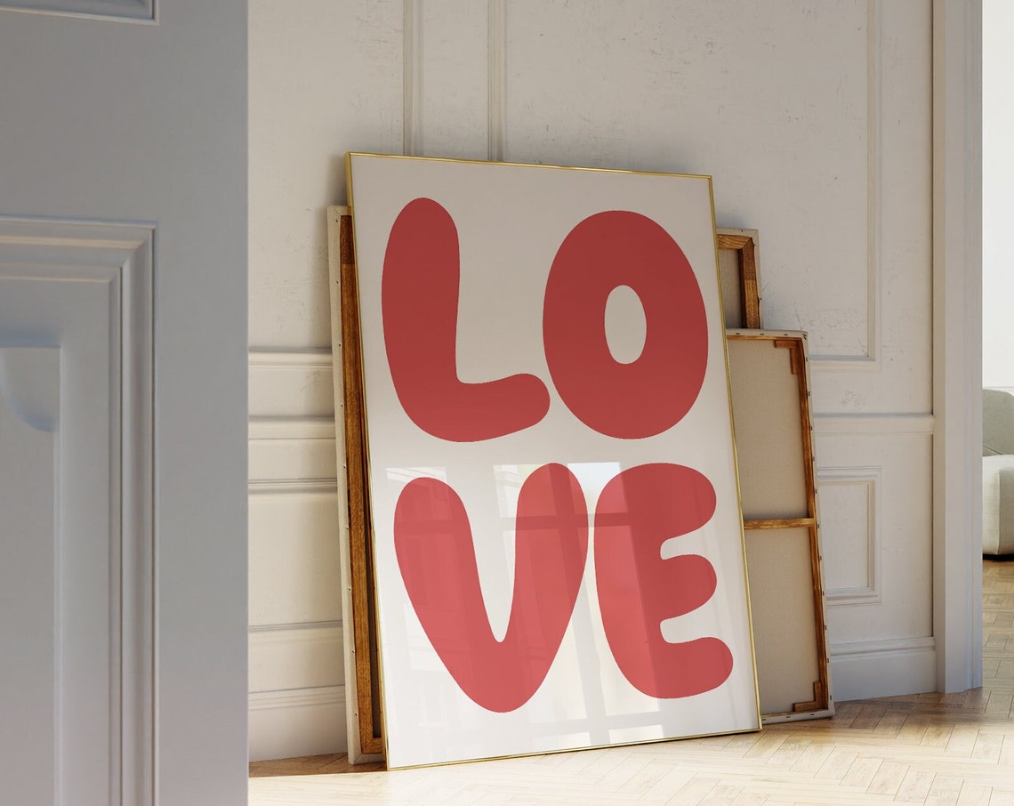 Love Retro Bold Typography Coral Red Quote Minimalist Wall Art