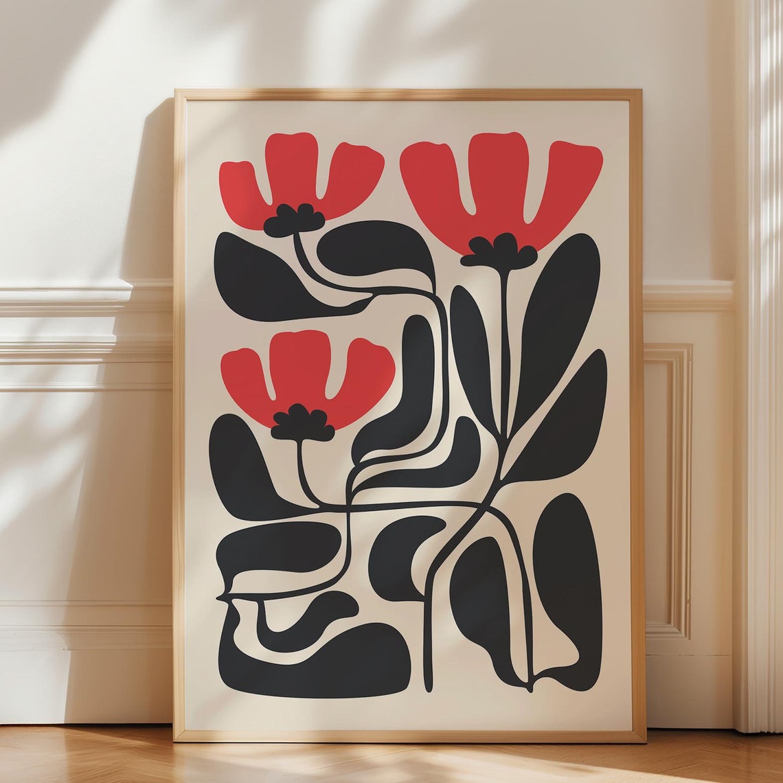 Red Flowers Black Leaves Matisse Style Bold Botanical Wall Poster - Image 4