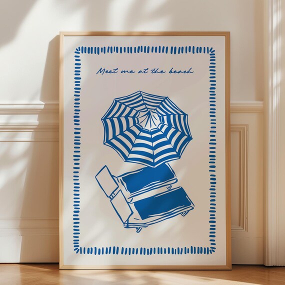 Meet Me At The Beach Blue Striped Umbrella Coastal Decor Poster