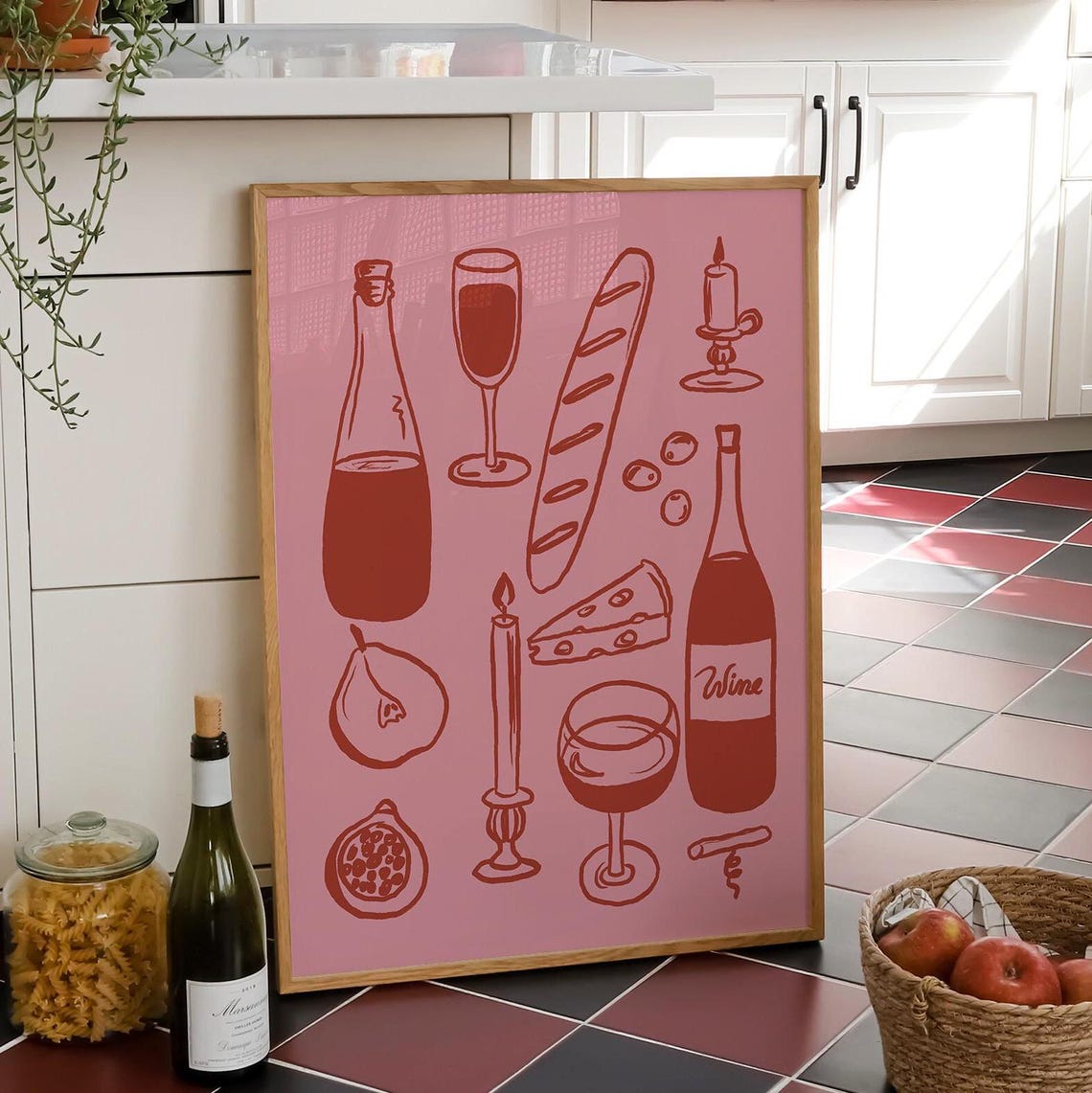 Wine And Cheese French Picnic Red Illustration Dinner Wall Art