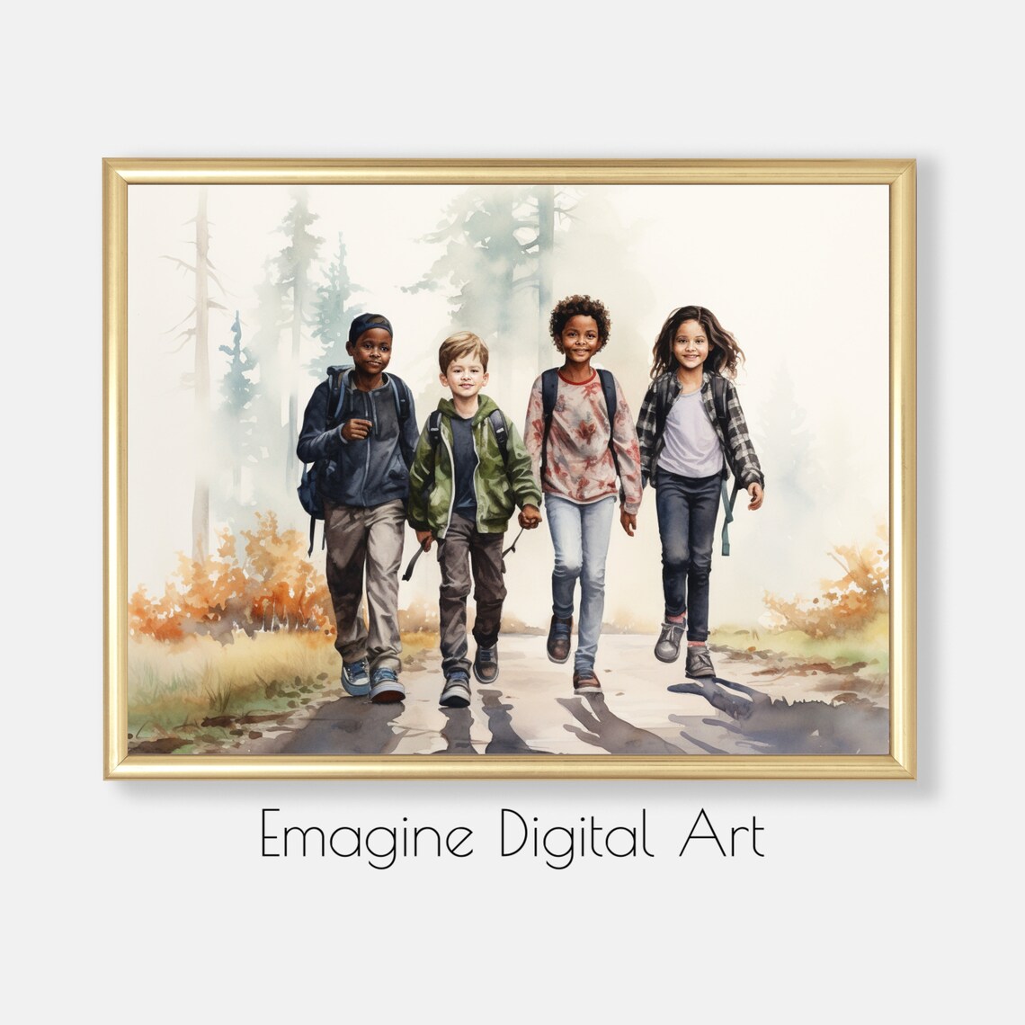 Four Friends Walking School Watercolor Kids Friendship Wall Poster