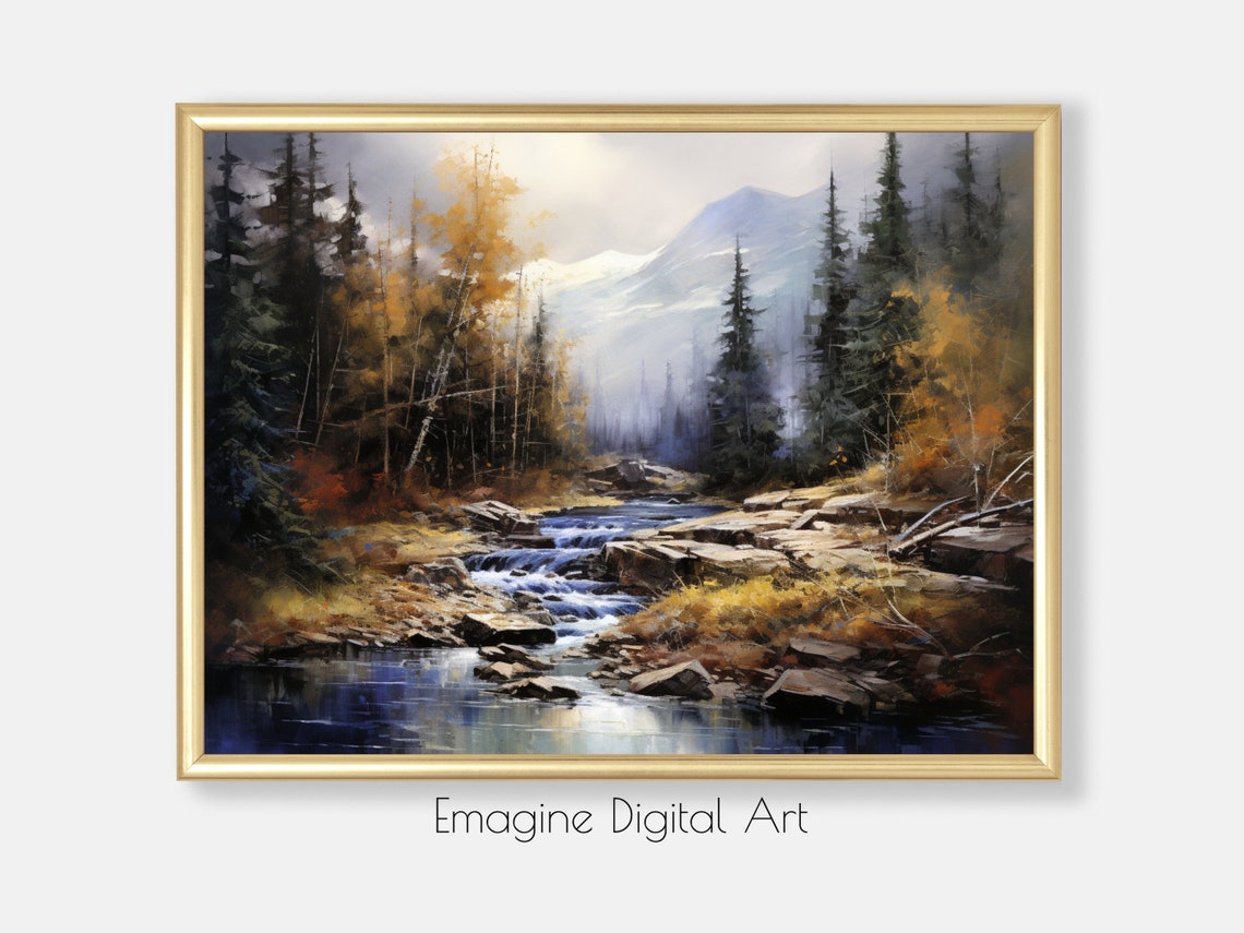 Autumn Mountain Stream Wilderness Pines Impressionist Painting Poster