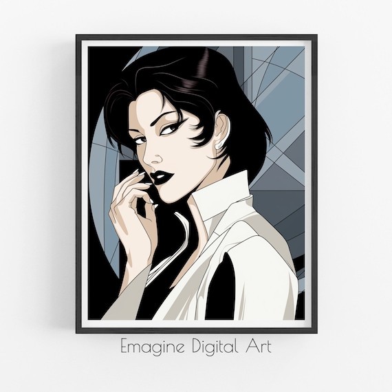 1980s Pop Woman Black Bob White Blazer Retro Geometric Style Poster