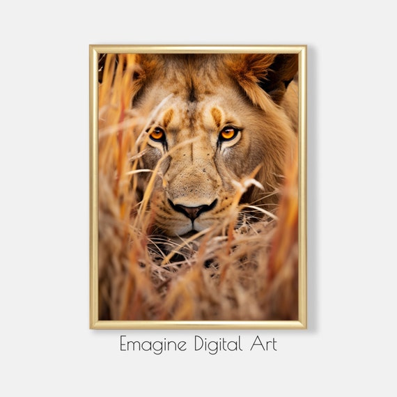 Art Male Lion In Grass Photo Wildlife Wall Decor To Instantly Print And Frame Wl54