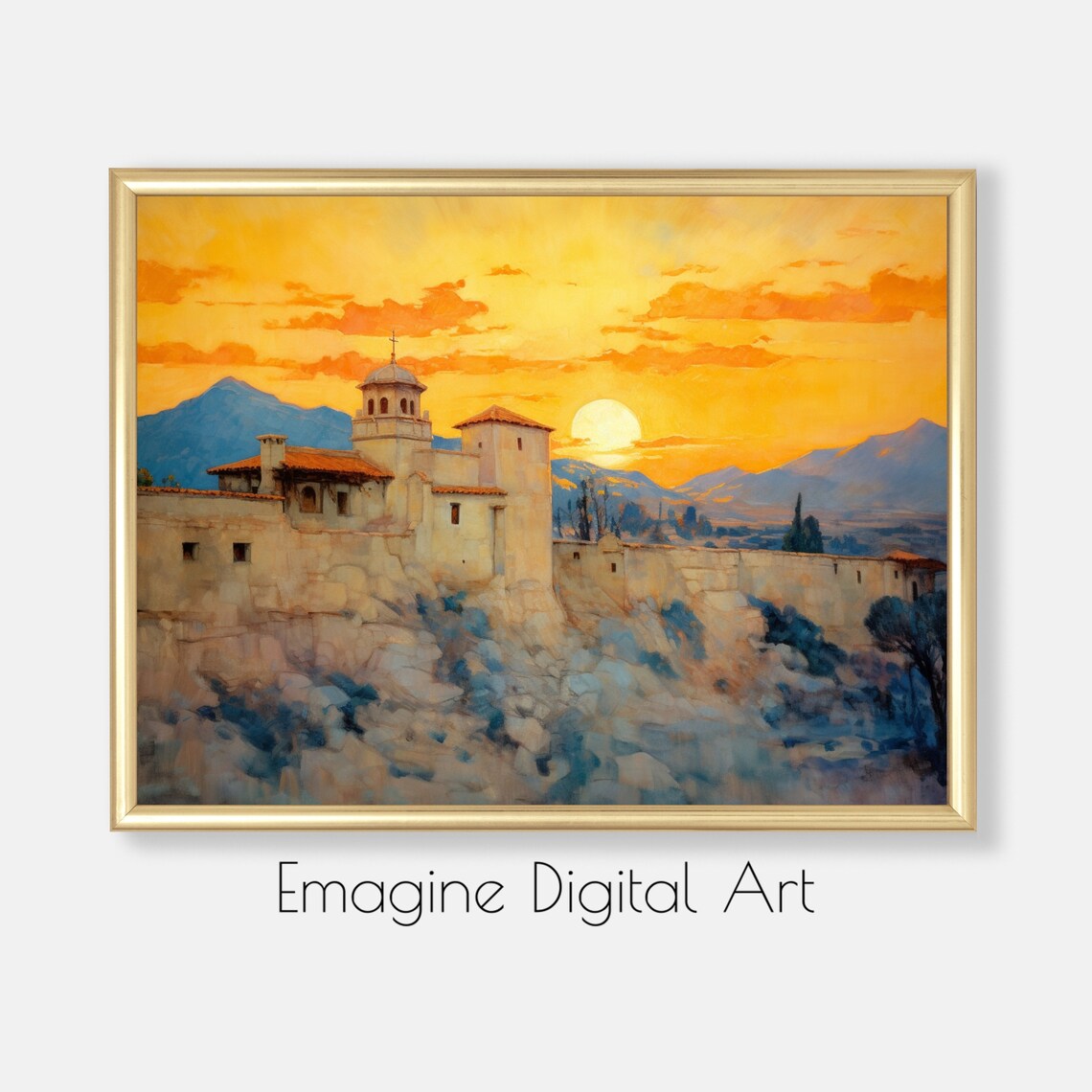 Spanish Mission Sunset Painting Poster Adobe Church Golden Sky Mountains