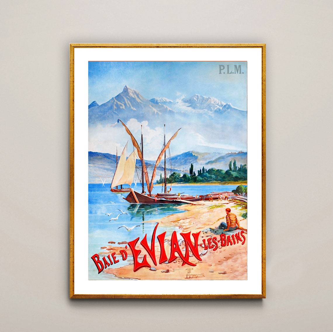 Baie d'Evian les Bains Vintage French Lake Sailboat Mountain Poster