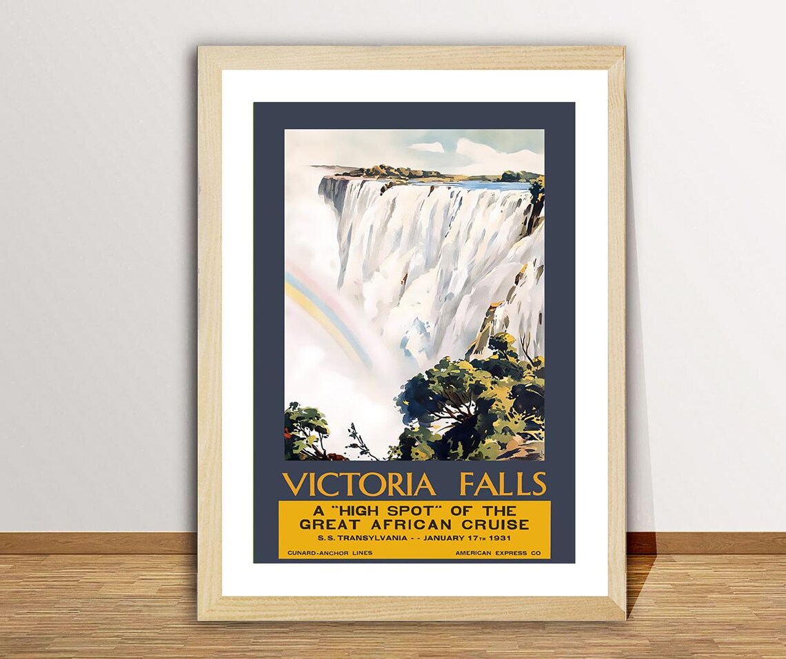 Victoria Falls Vintage Travel Poster, Zimbabwe Travel Print