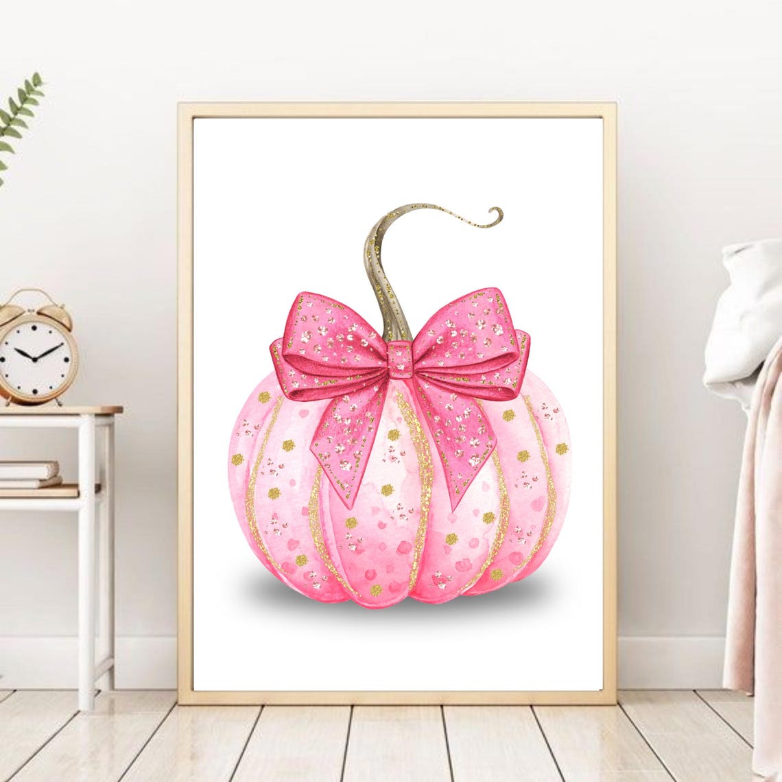 Pink Halloween Pumpkin Sparkle Bow Fall Watercolor Nursery Art Poster - Image 2