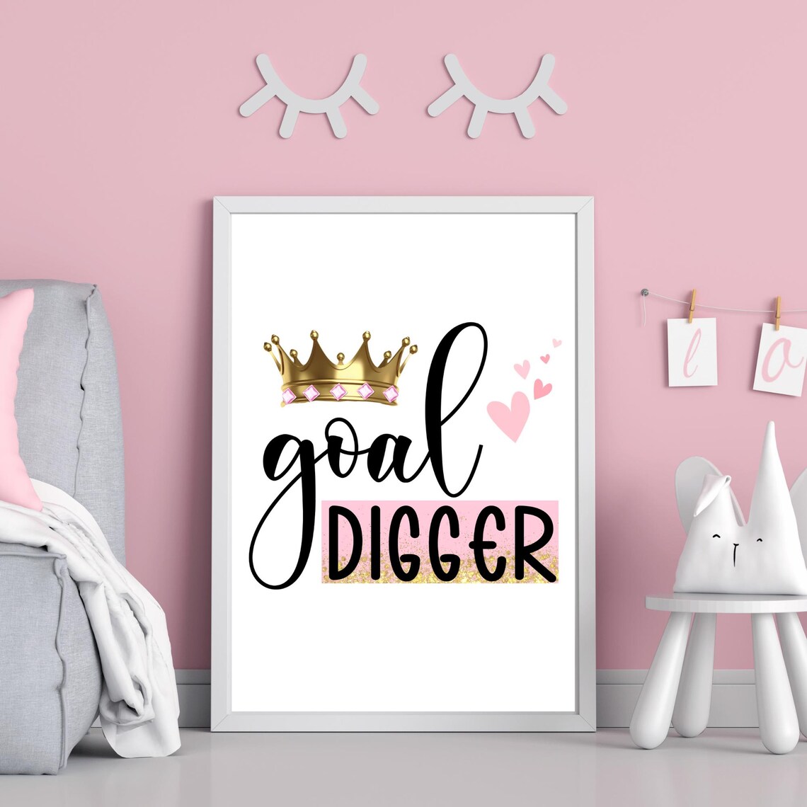 Goal Digger Gold Crown Motivational Girl Boss Quote Poster Pink Office - Image 2