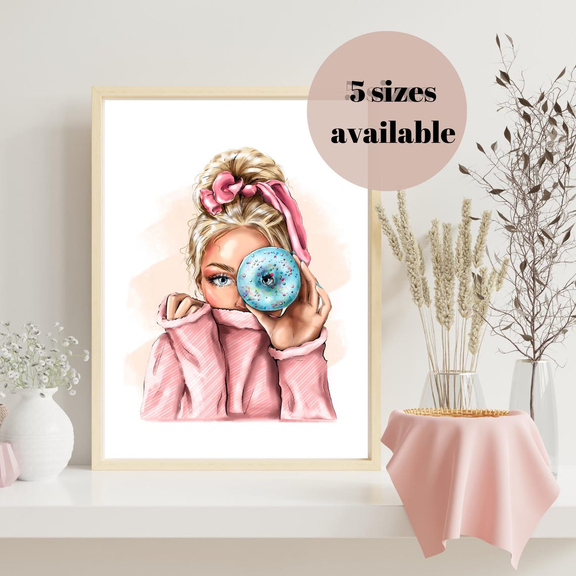 Donut Girl Poster Blonde Girl Illustration Girly Wall Art Teen Girl Bedroom Decor Feminine Home Wall Decor Watercolor Print - Image 3