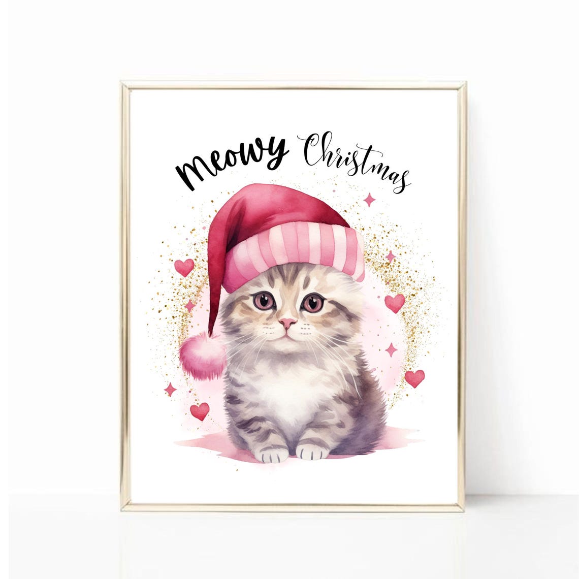 Meowy Christmas Kitten Pink Santa Hat Cute Cat Holiday Print Art