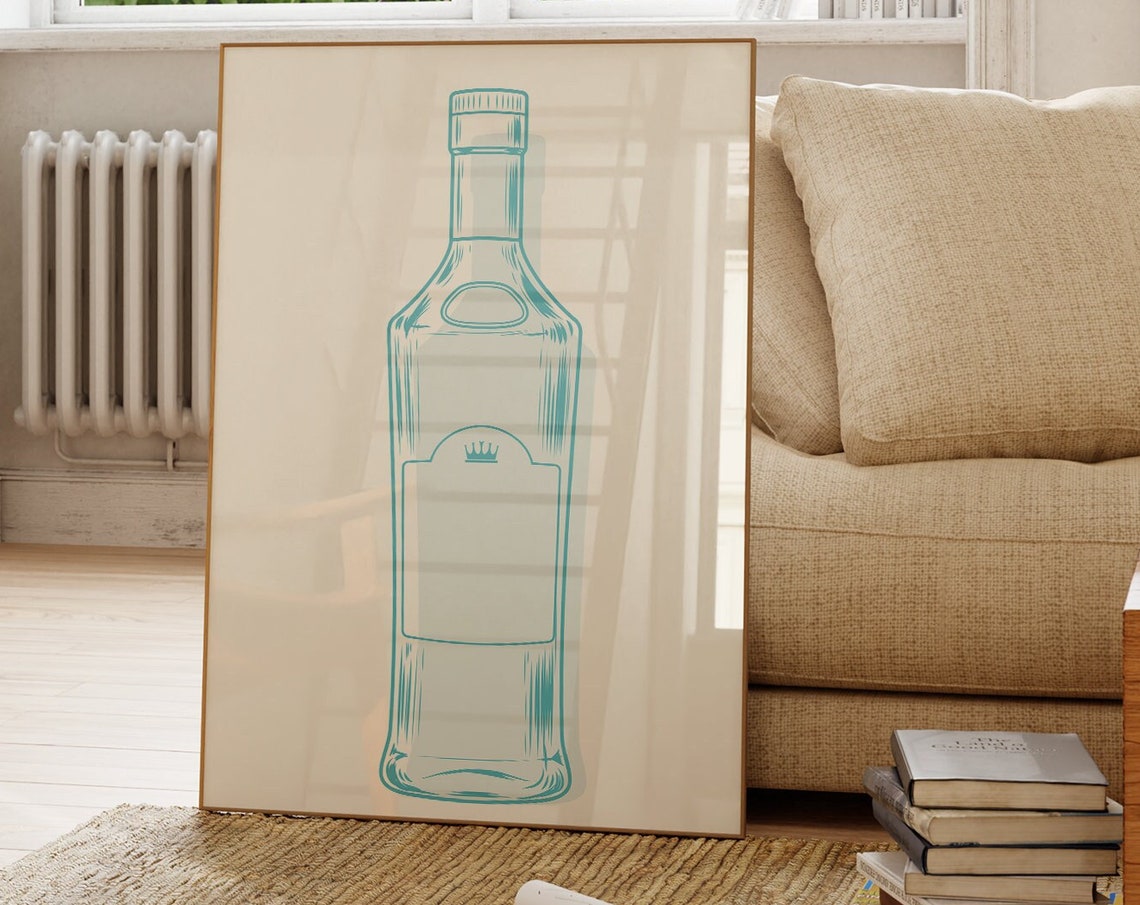 Teal Glass Bottle Line Art Modern Minimalist Bar Wall Poster