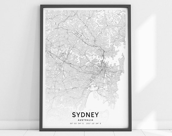 Sydney Map Print Art Poster Australia City Street Black And White Modern Wall Office Decor