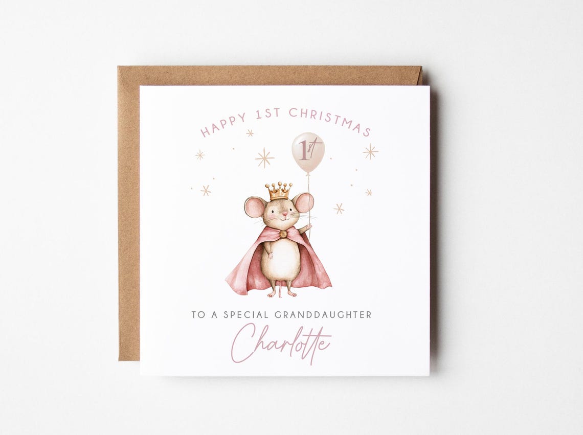 First Christmas Mouse Princess Balloon Starry Night Card Print
